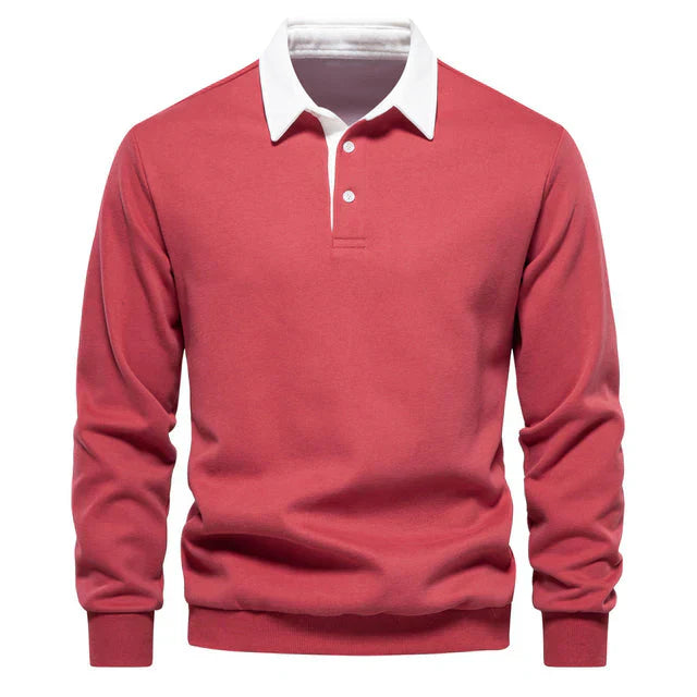 Mäns Långärmad Poloshirt Klassisk Krage Bomull