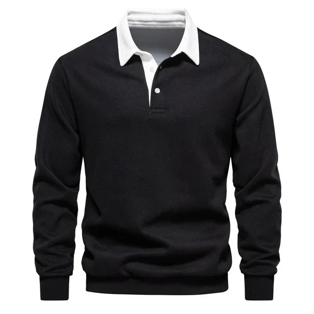 Mäns Långärmad Poloshirt Klassisk Krage Bomull