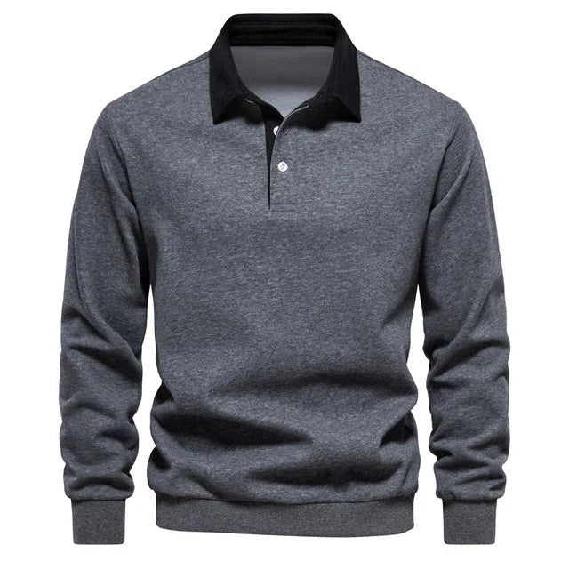 Mäns Långärmad Poloshirt Klassisk Krage Bomull