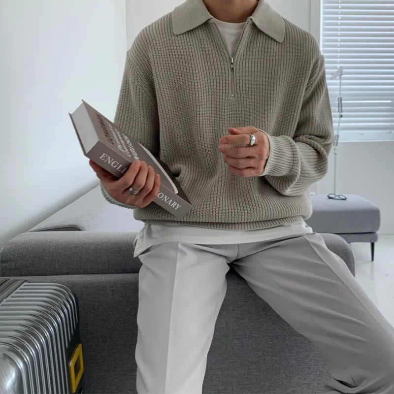 Herr Halvzip Tröja - Mjuk Stickad Kvalitet - Regular Fit - Ribbad Krage och Muddar