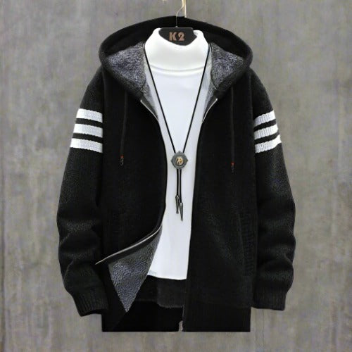 Herr Zip-Hoodie - Stickad Design - Fodrad för Komfort - Sportiga Ärmdetaljer