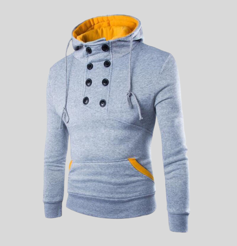 Herr Hoodie - Unik Dubbelknäppning - Hög Krage med Dragsko - Ribbad Kant - Casual