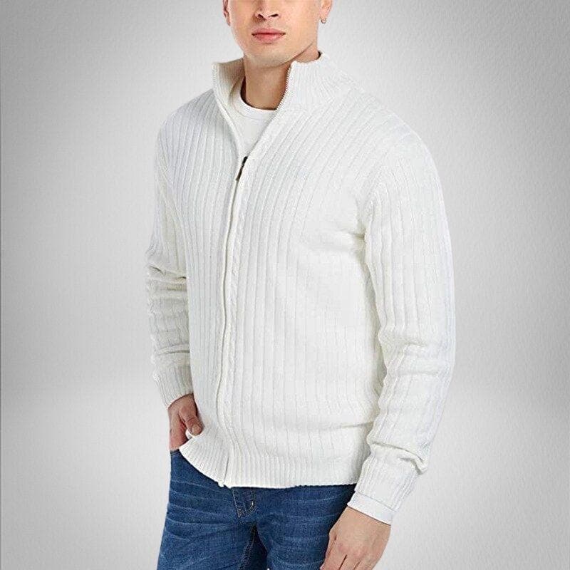 Herrstickad Kofta - Ribbad Design - Slim Fit - Dragkedja - Hög Krage Varm och Stilren