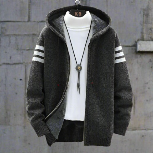 Herr Zip-Hoodie - Stickad Design - Fodrad för Komfort - Sportiga Ärmdetaljer