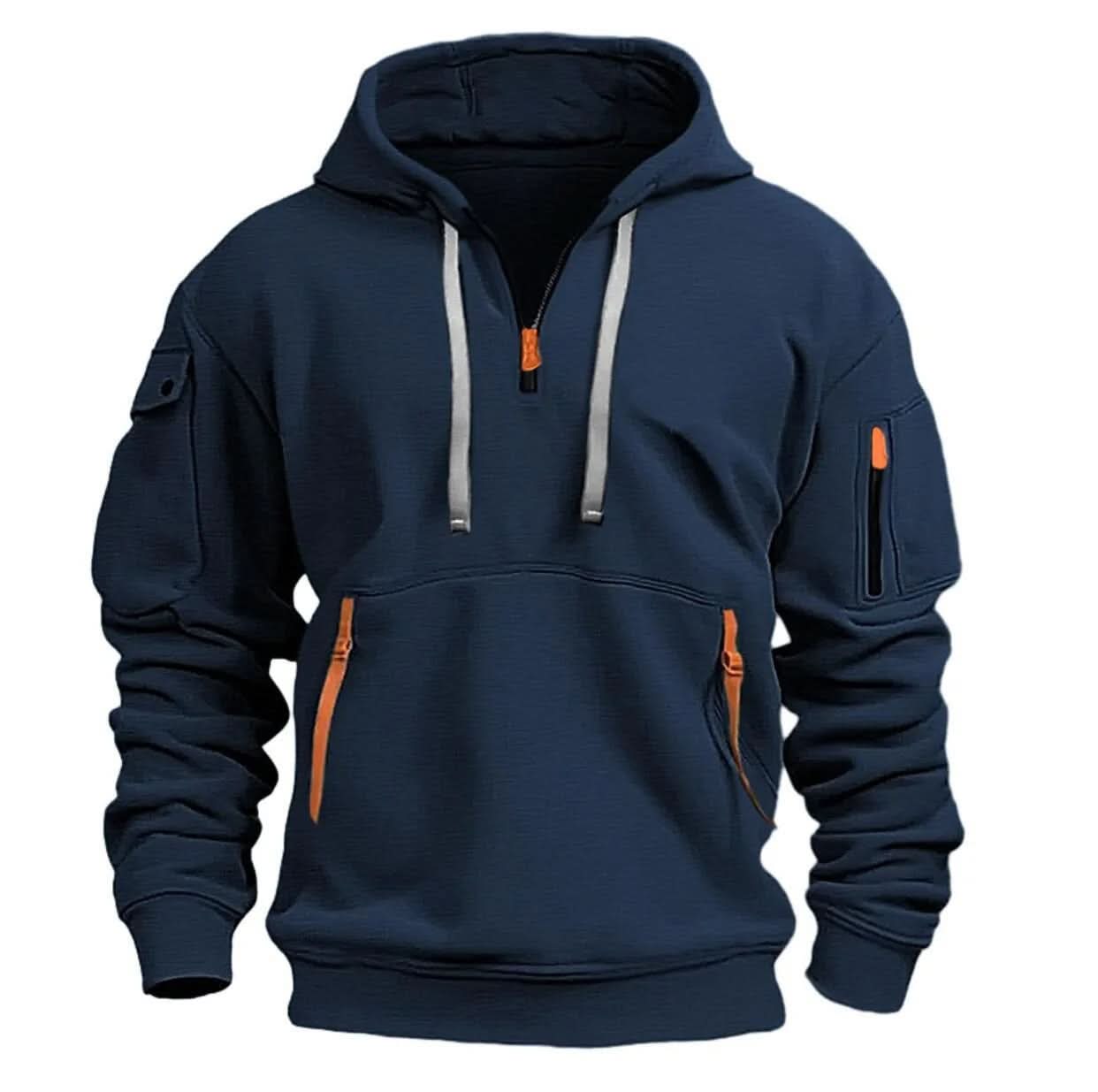 Men’s Hoodie - Halvdragkedja - Känguruficka med Dragkedja - Ribbad Kant - Avslappnad Passform