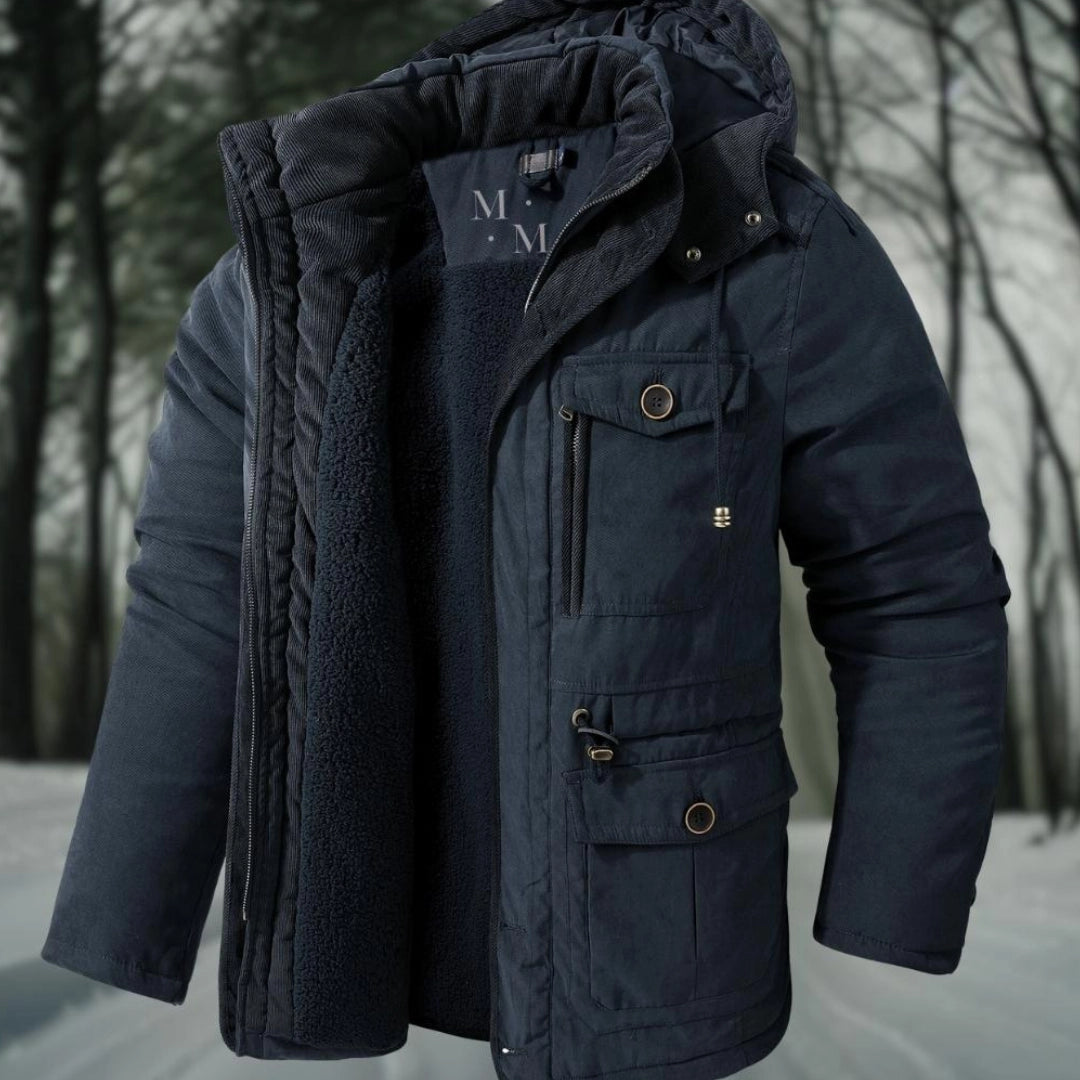 Herrparkasjacka – normal Fit – Sherpafoder – Ribbad Huva och Krage – Multifickor