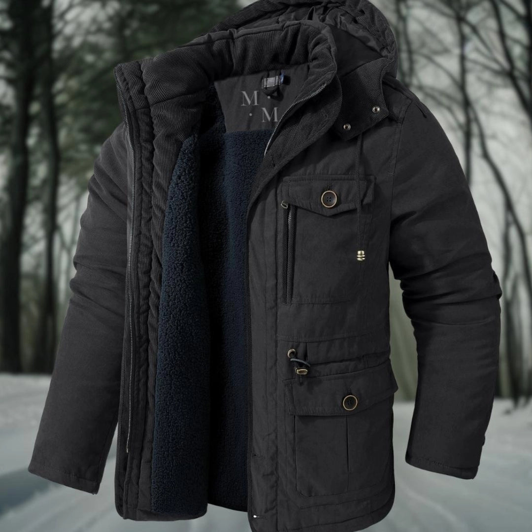 Herrparkasjacka – normal Fit – Sherpafoder – Ribbad Huva och Krage – Multifickor