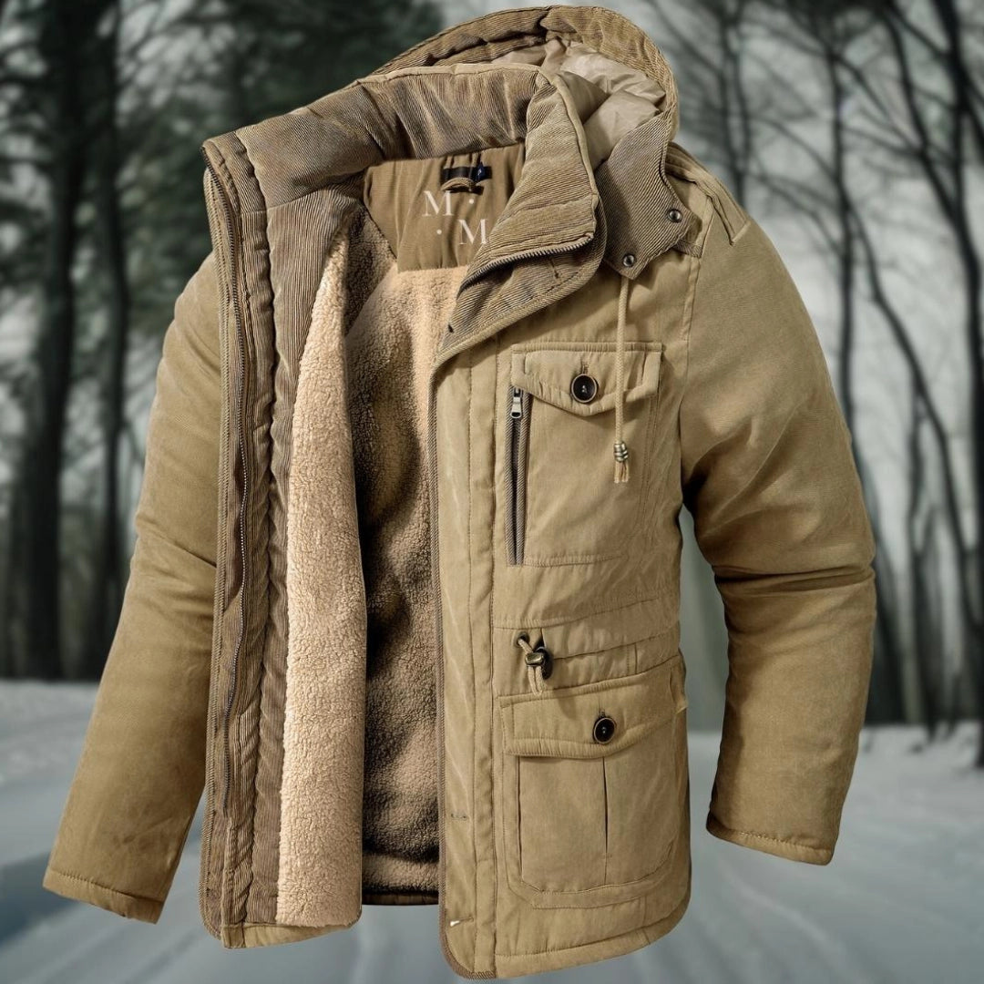 Herrparkasjacka – normal Fit – Sherpafoder – Ribbad Huva och Krage – Multifickor