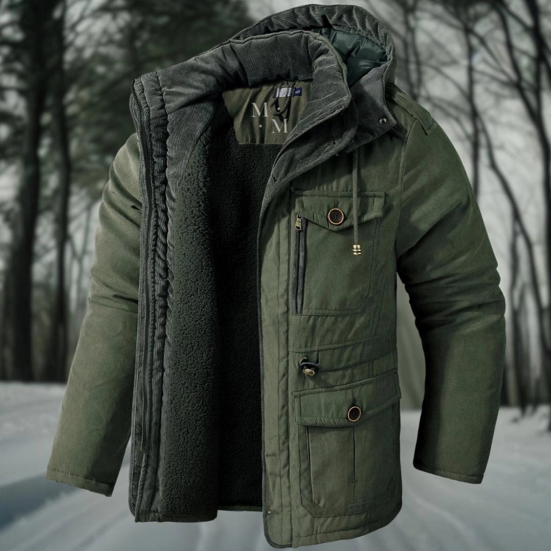 Herrparkasjacka – normal Fit – Sherpafoder – Ribbad Huva och Krage – Multifickor