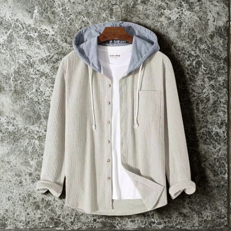 Herrjacka med Huva – Oversized Passform – Ribbad Manchester – Knappstängning Fram