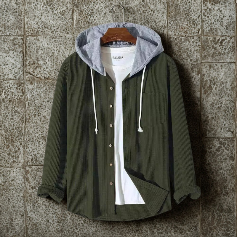 Herrjacka med Huva – Oversized Passform – Ribbad Manchester – Knappstängning Fram