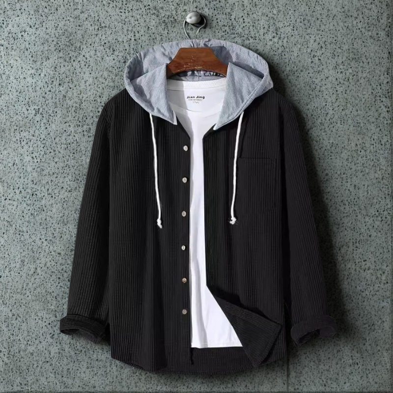 Herrjacka med Huva – Oversized Passform – Ribbad Manchester – Knappstängning Fram
