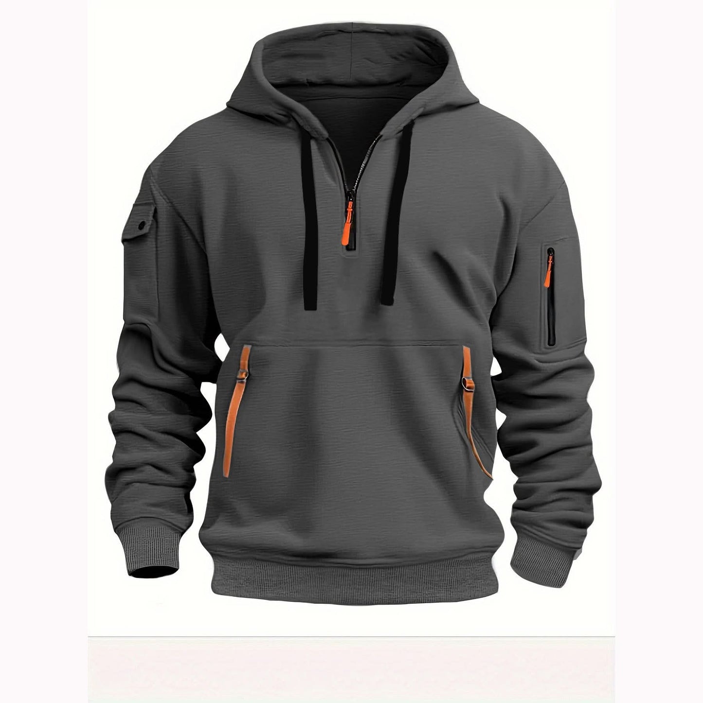 Men’s Hoodie - Halvdragkedja - Känguruficka med Dragkedja - Ribbad Kant - Avslappnad Passform