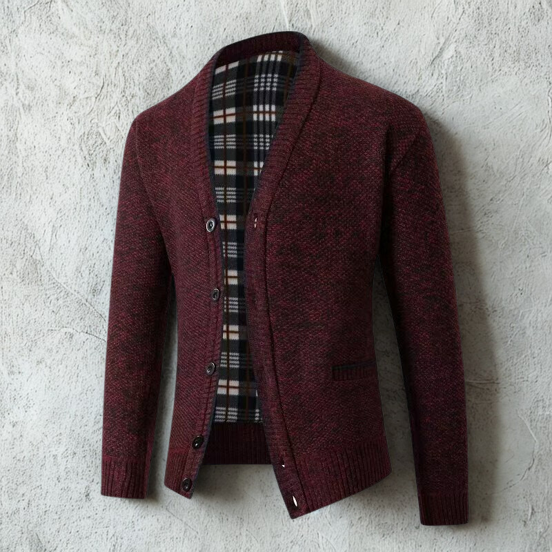 Herrkofta – Slim Fit – Stickad Ullblandning – V-ringning – Knäppning – Fickor