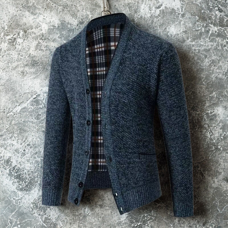 Herrkofta – Slim Fit – Stickad Ullblandning – V-ringning – Knäppning – Fickor