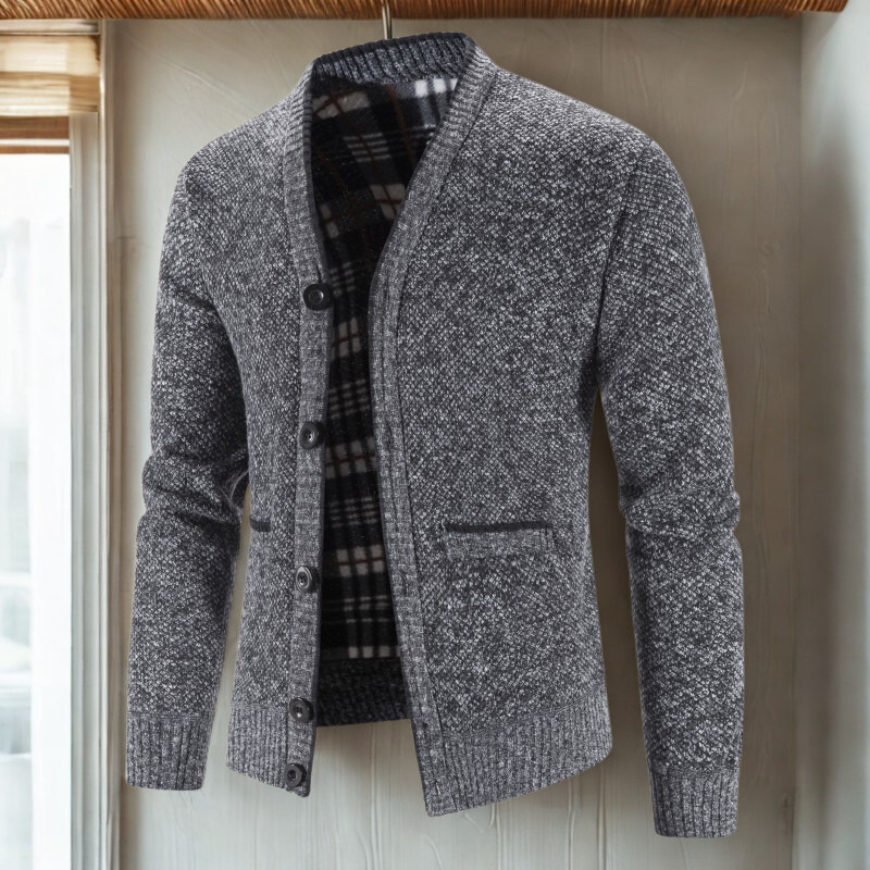 Herrkofta – Slim Fit – Stickad Ullblandning – V-ringning – Knäppning – Fickor
