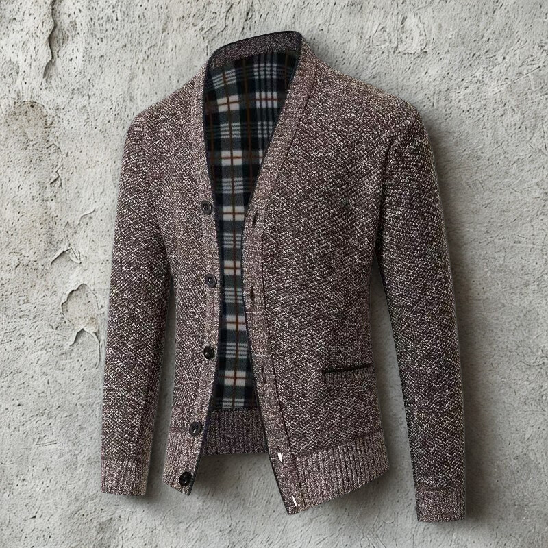 Herrkofta – Slim Fit – Stickad Ullblandning – V-ringning – Knäppning – Fickor