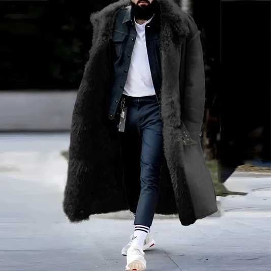 Herr Trench Coat – Lång Modell – Oversized Passform – Varm med Shearlingfoder