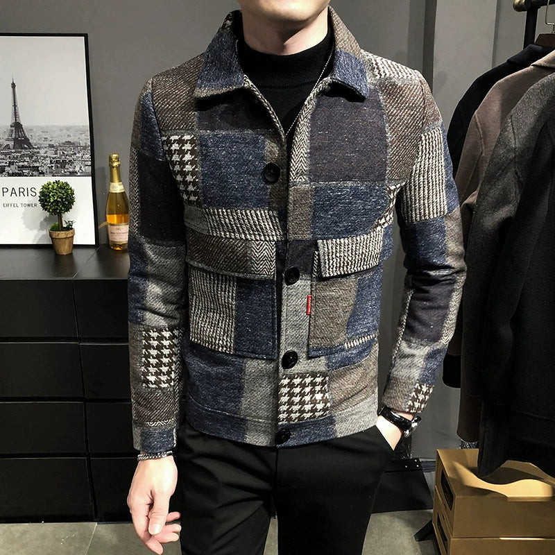 Herrjacka – Ullmaterial – Slim Fit – Rutigt Patchwork – Knäppning med Bröstfickor