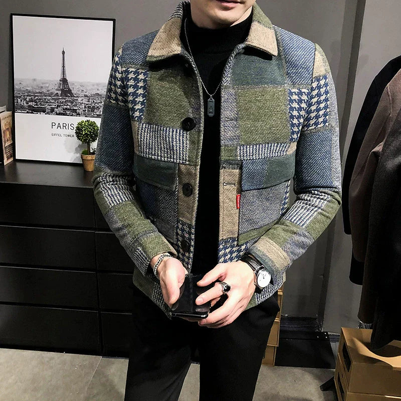 Herrjacka – Ullmaterial – Slim Fit – Rutigt Patchwork – Knäppning med Bröstfickor