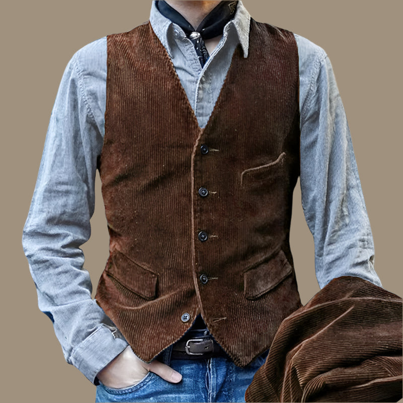 Herrväst – Skräddarsydd Passform – Mjuk struktur – Knäppning Fram – Vintage Stil