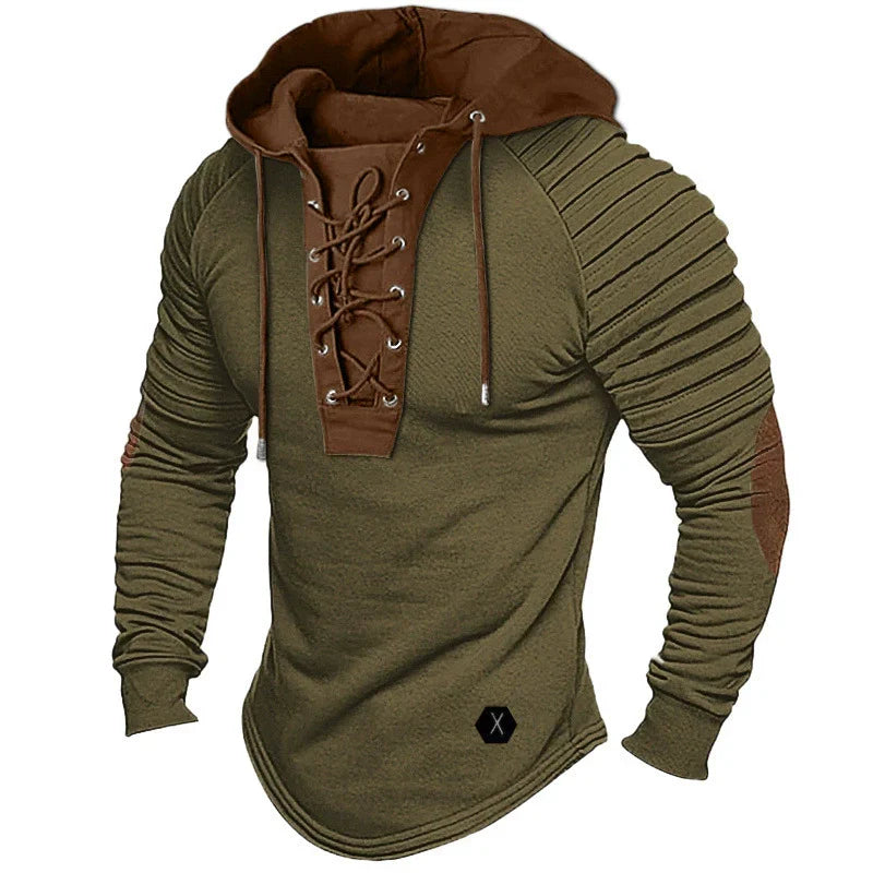 Herr Hooded Pullover – Slim Fit – Snörad V-ringning – Plisserade ärmar – Rundad fåll