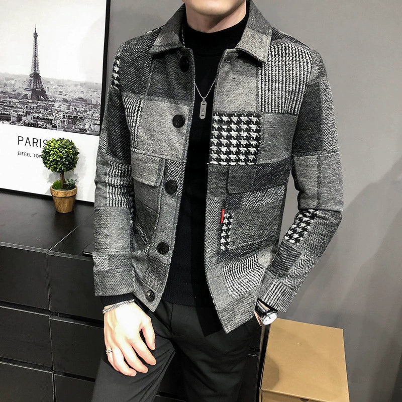 Herrjacka – Ullmaterial – Slim Fit – Rutigt Patchwork – Knäppning med Bröstfickor