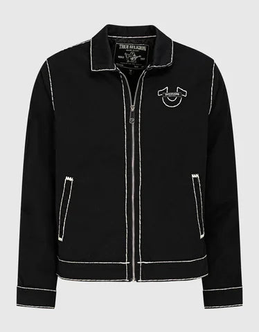 Retro Y2K denimjacka med läder, broderade bokstäver, motorcykelstil, tjock herrjacka
