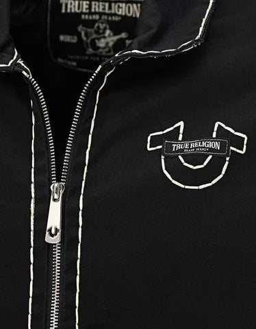 Retro Y2K denimjacka med läder, broderade bokstäver, motorcykelstil, tjock herrjacka