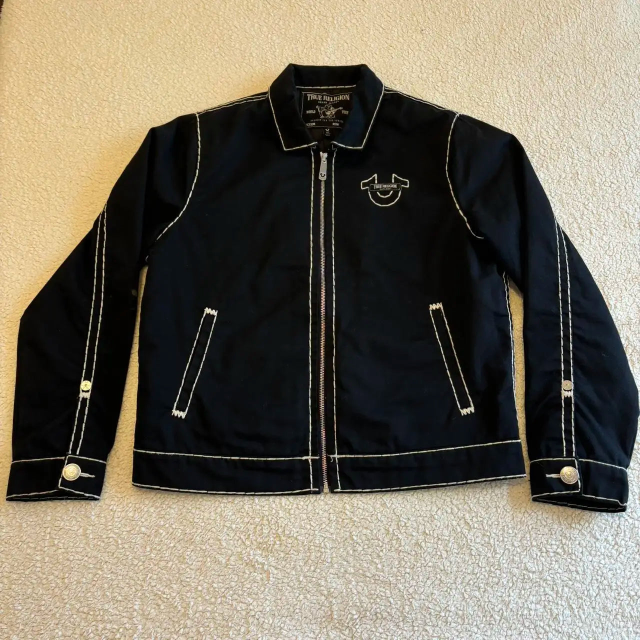 Retro Y2K denimjacka med läder, broderade bokstäver, motorcykelstil, tjock herrjacka