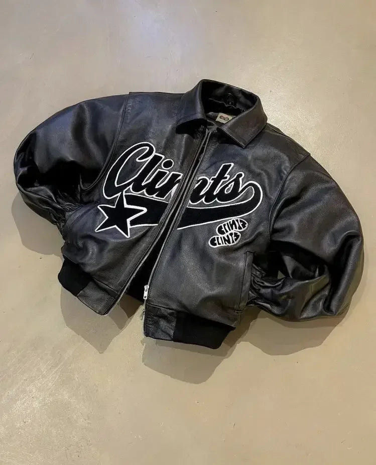 Retro Y2K denimjacka med läder, broderade bokstäver, motorcykelstil, tjock herrjacka