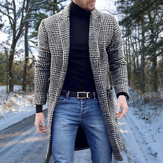 Herr Trenchcoat – Slim Fit – Ullmix – Smårutigt Mönster – Klassisk Notchslagskrage