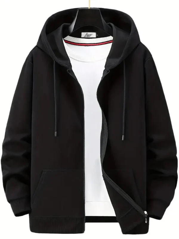 Herrhoodie med Dragkedja – Avslappnad Passform – Bomullsblandning – Justerbar Huva – Fickor Fram