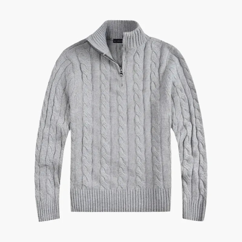 Herr – stickad halvzip-polo – klassisk kabelstickad stil