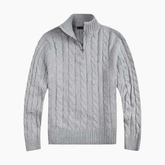 Herr – stickad halvzip-polo – klassisk kabelstickad stil