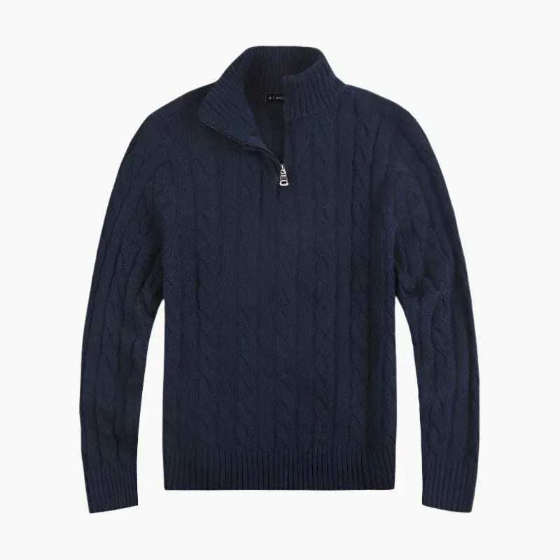 Herr – stickad halvzip-polo – klassisk kabelstickad stil