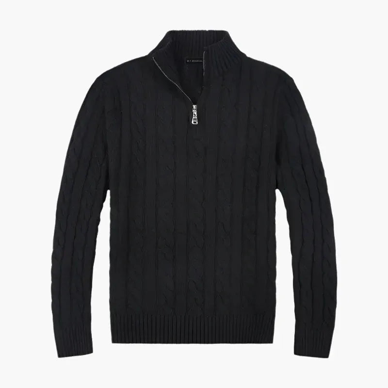 Herr – stickad halvzip-polo – klassisk kabelstickad stil