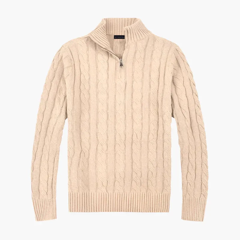 Herr – stickad halvzip-polo – klassisk kabelstickad stil