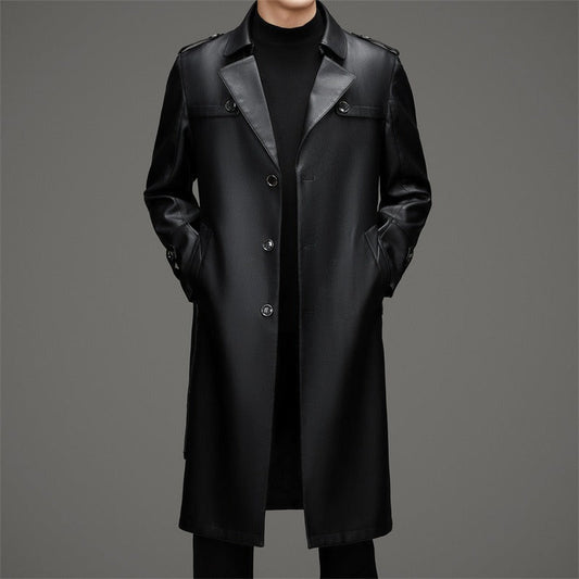 Herr Trenchcoat – Slim Fit – Läder – Enkelknäppt – Lång Modell – Klassiska Epåletter
