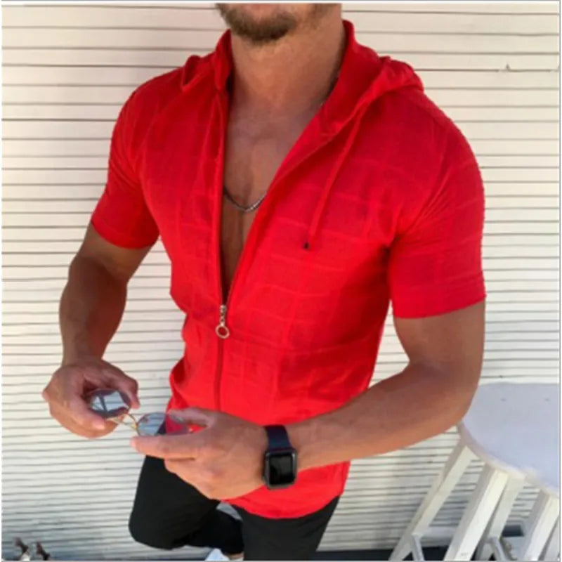 Herrskjorta med kort ärm och huva – halvtransparent design