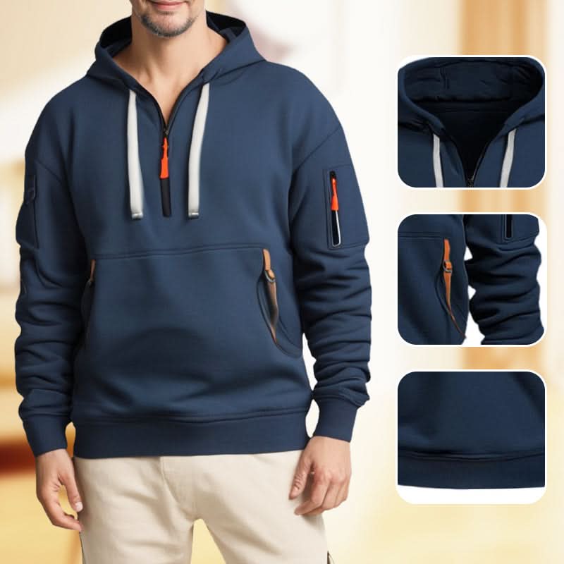 Men’s Hoodie - Halvdragkedja - Känguruficka med Dragkedja - Ribbad Kant - Avslappnad Passform