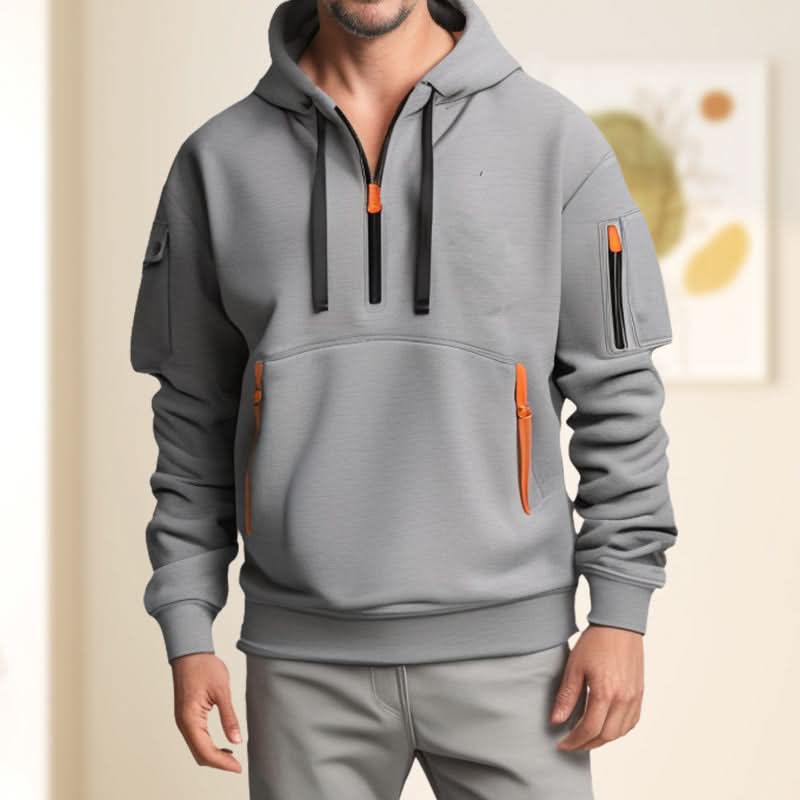 Men’s Hoodie - Halvdragkedja - Känguruficka med Dragkedja - Ribbad Kant - Avslappnad Passform