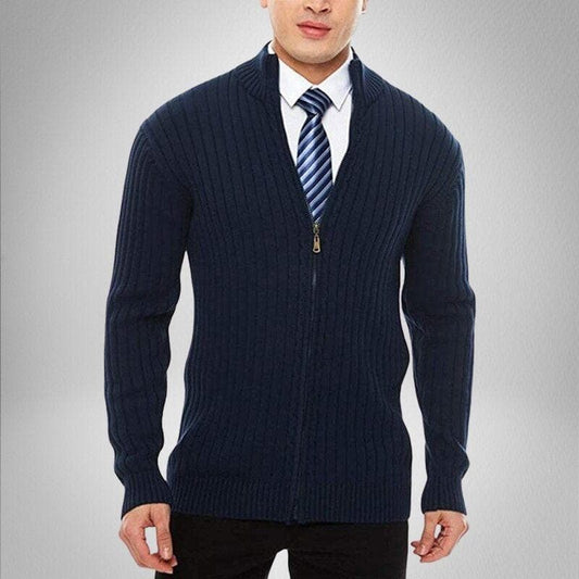 Herrstickad Kofta - Ribbad Design - Slim Fit - Dragkedja - Hög Krage Varm och Stilren