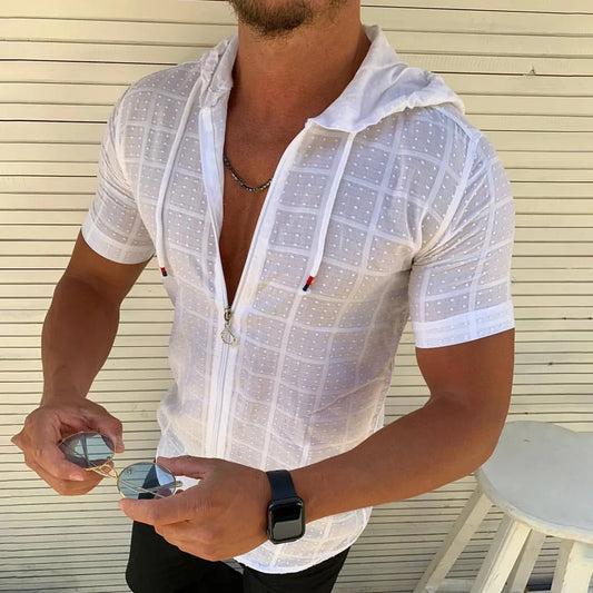 Herrskjorta med kort ärm och huva – halvtransparent design