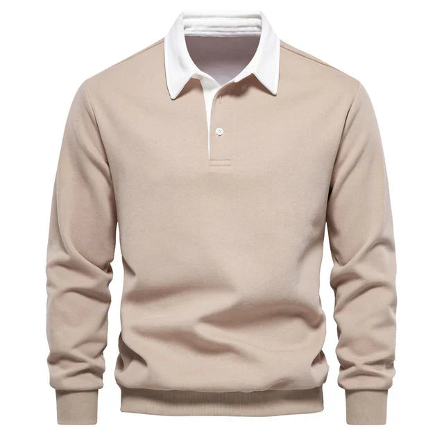 Mäns Långärmad Poloshirt Klassisk Krage Bomull