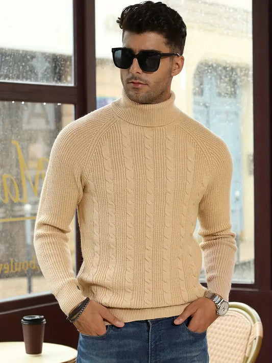 Mysig Beige Polokrage Kabel Tröja För Herr | Perfekt för Höst/Vinter