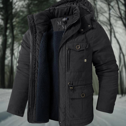 Herrparkasjacka – normal Fit – Sherpafoder – Ribbad Huva och Krage – Multifickor