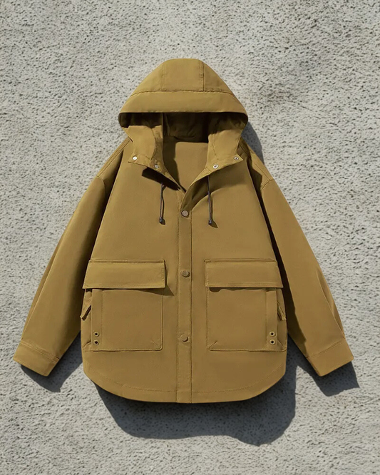 Herrjacka med Huva – Oversize Passform – Slitstarkt Tyg – Flera Fickor – Tryckknappar