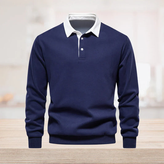 Mäns Långärmad Poloshirt Klassisk Krage Bomull