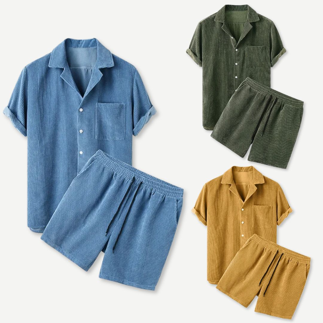 Herr Corduroy Skjorta och Shorts Set i Avslappnad Stil